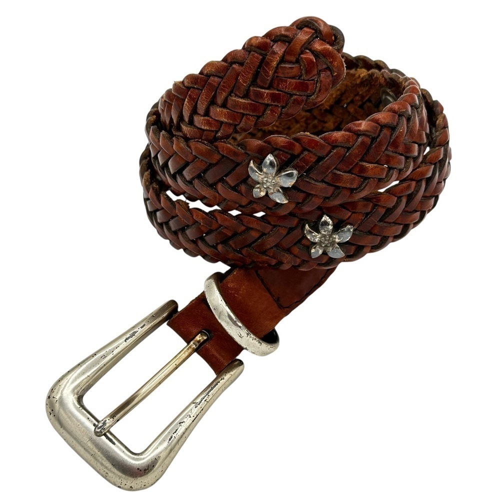 Fossil Skinny Woven Leather Belt with Flower Shaped Silver Studs Size Medium